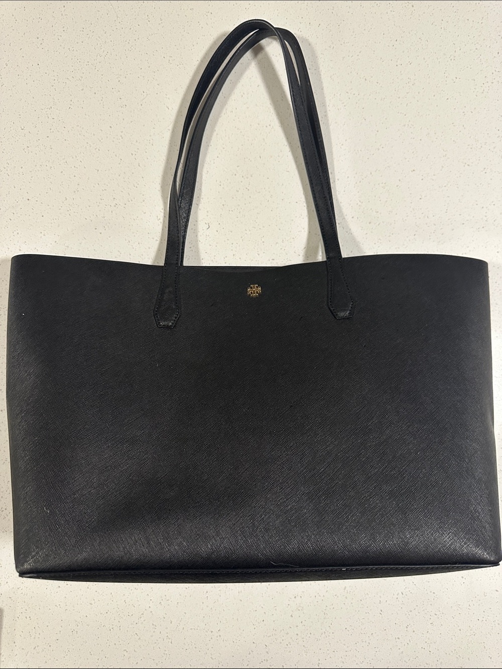 Tory Burch Blake Saffiano Black Leather Double-Handle Tote with Gold Logo